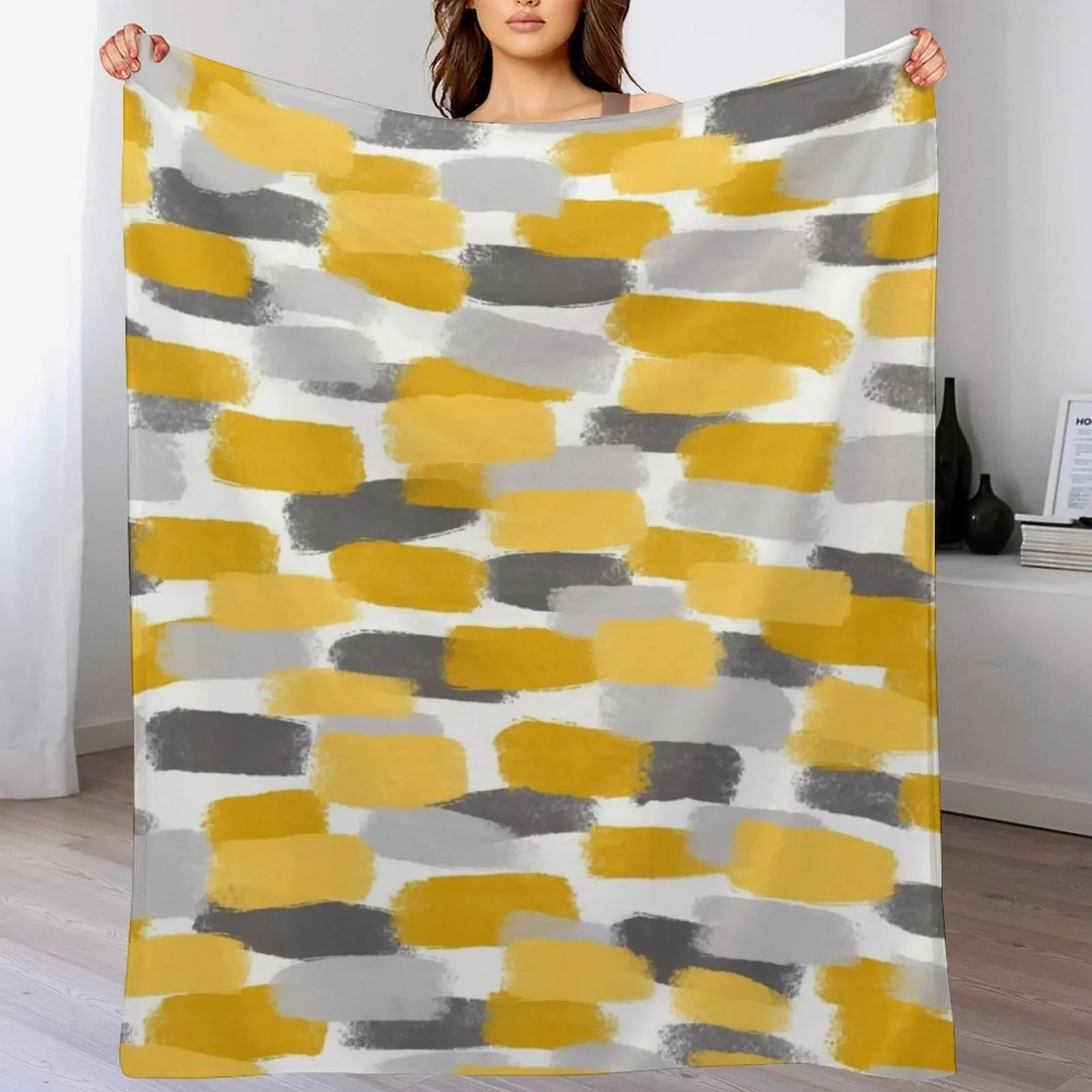 

Grey and Mustard Yellow Paint Brush Effect Throw Blanket Decorative Beds Polar Blankets