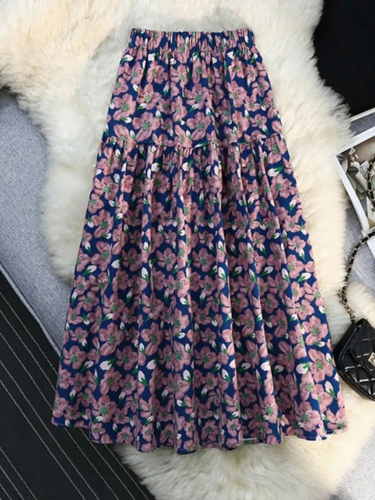 Casual bloemen A-lijn rok voor dames Hoge taille Street Sle Midi rok Bloemenprint Gored rok Zomercollectie