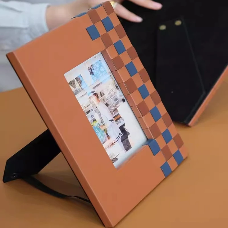 Woven Checkered Leather Photo Frame Modern Tabletop Picture Display Minimalist Home Decor for Office Elegant Picture Holder