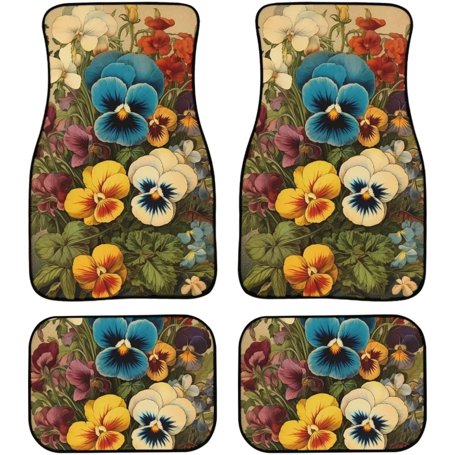 All-Season Floor Mats For Vehicles, Featuring Floral Pansy Design, Suitable For Cars, Trucks, And Sedans, Set Of 4, Easy To Clea