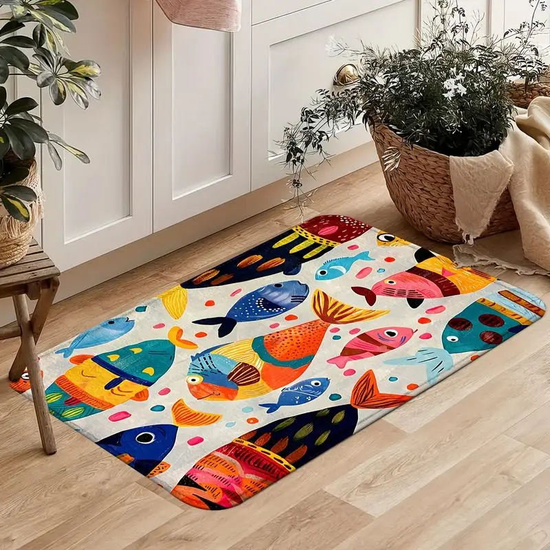 VIKAMA Colorful Little Fish Kitchen Runner Soft Non Slip Indoor Outdoor Entryway Mat Washable Hallway Rug Nautical Home Decor