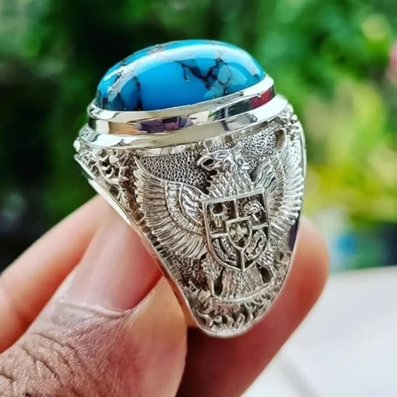 Turkish Handmade Men Vintage Big Turquoise Double Eagle National Emblem Pattern Rings For Men Classic Religion Christian Jewelry