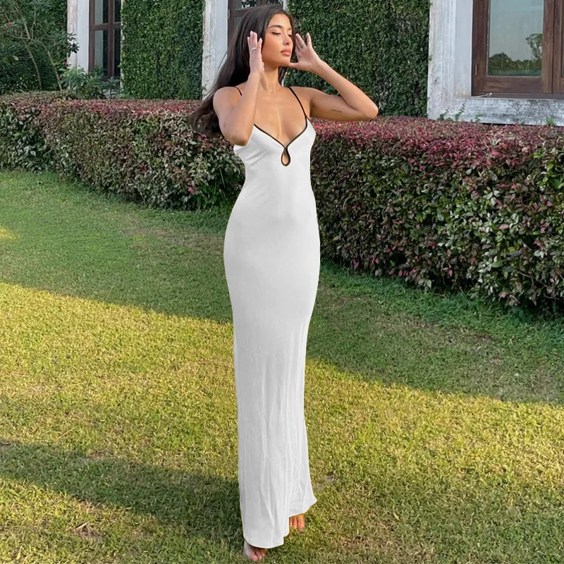 Women Slim Ruffles Vintage Hole Slim Befree Dress Summer Camis Strap Backless Evering Night Party Elegant Maxi Dresses