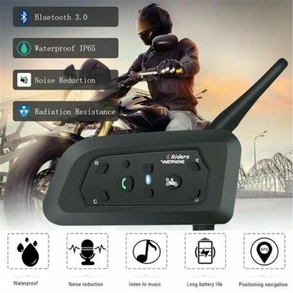 V6 Headset interkom Bluetooth sepeda motor, Headphone Speaker 1200M untuk 6 pengendara IP65 MP3 GPS helm seluruh wajah/setengah wajah