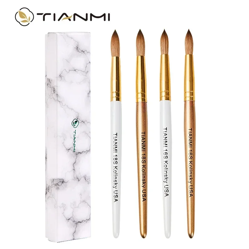 TIANMI 100% Pure Kolinsky Acrylic Nail Brush White and Gold Handle Round Professional Salon Acrylic Application Nail Extension