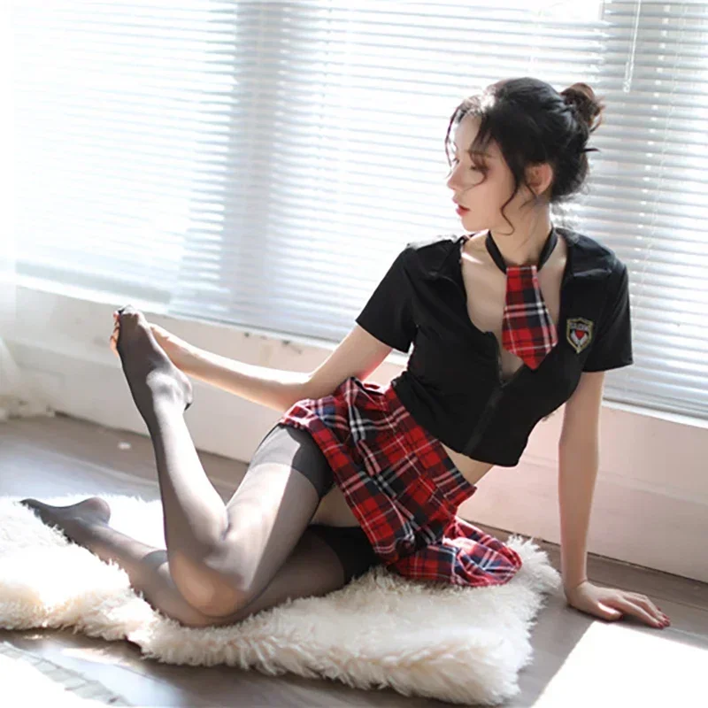 Sexy Lingerie Kawaii JK School Girls Uniform Student Black Shirt Plaid Skirt Suit Exotic Costumes Pajamas Night Club Wear Women