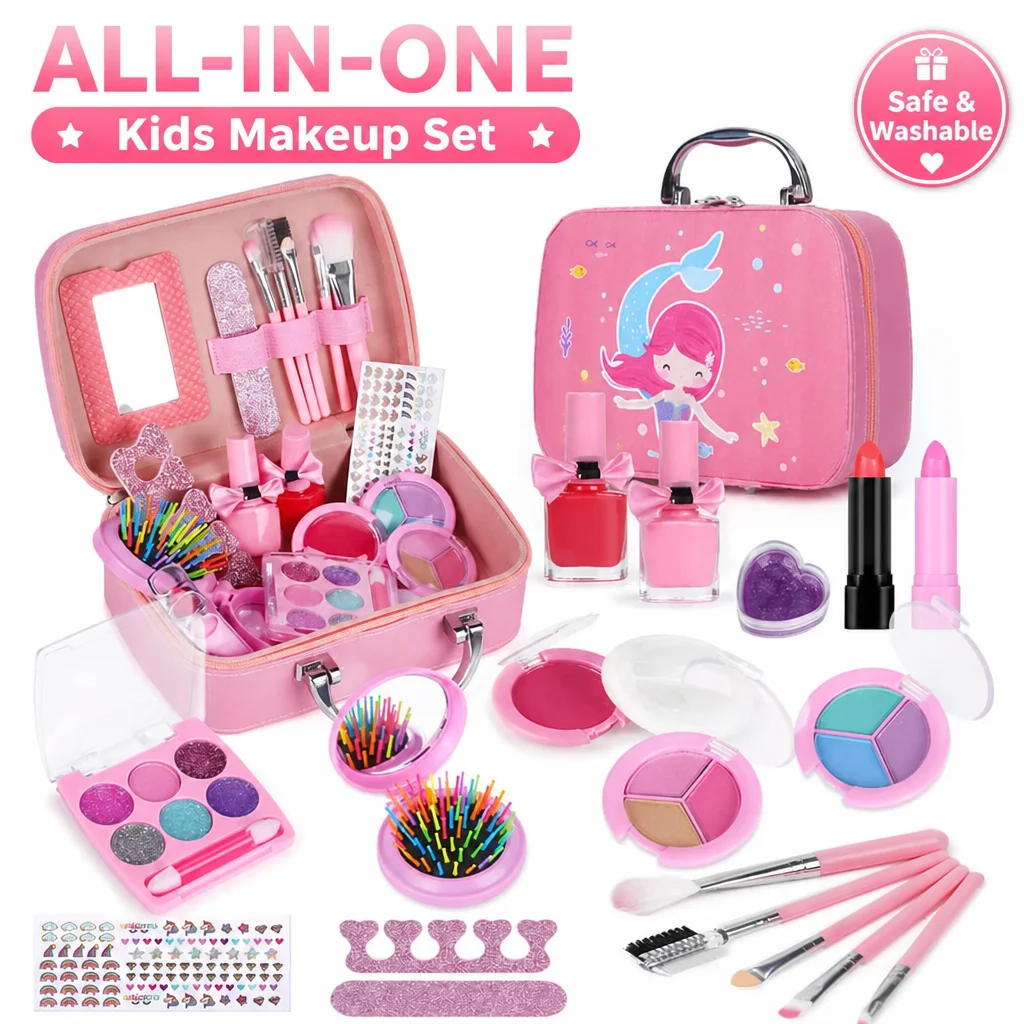 GirlsPretendPlayBeautyFashion Toy Washable Non-Toxic Real Cosmetic Makeup Set Portable Princess Makeup Kit Kids Birthday Present