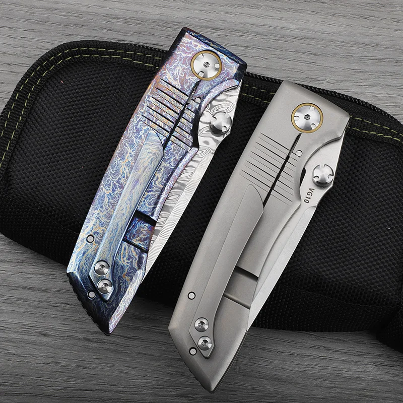 VG10/Damascus steel blade titanium alloy handle folding knife outdoor self-defense hunting camping hiking portable tool knife view 5