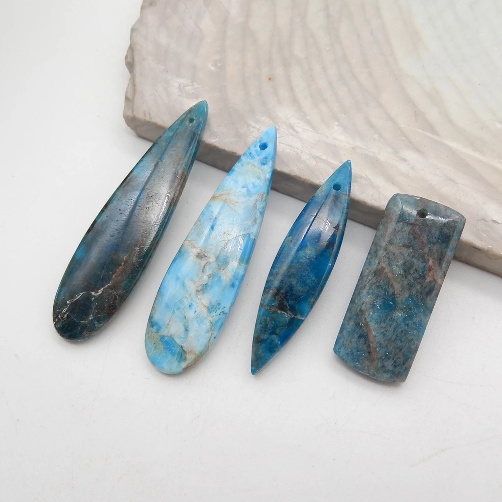 Fashion Jewelry,4PCS Blue Apatite Crystal Pendant Jewelry Beads Sets 46x12x4/29x12x5mm-15.3g