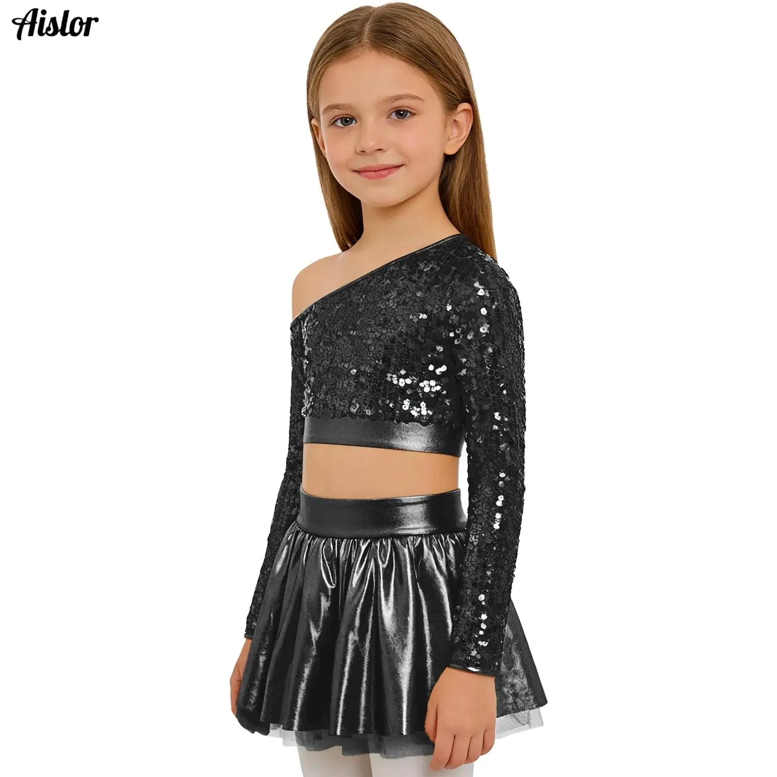 

Girls Sequins Jazz Street Dance Outfit Shiny Crop Top+Metallic Tutu Skirt School Basketball Cheerleading Performance Dancewear