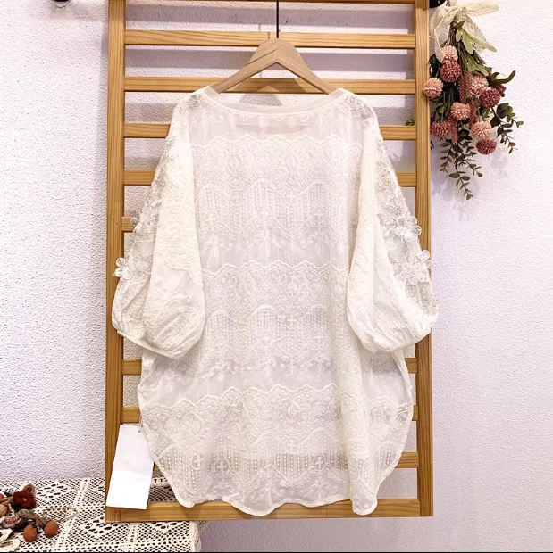 Royal Sweety Blouses Woman New Summer Lace Embroidery Blouse Lantern Sleeve Shirts Women Beadings Appliques Blouses Tops NS711