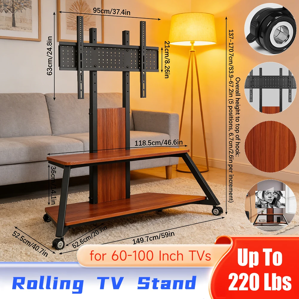 

Напольная подставка на колесах для экранов от 60 до 100 дюймов, до 220 фунтов, с поворотной полкой, регулируемая по высоте, с фиксируемыми колесами