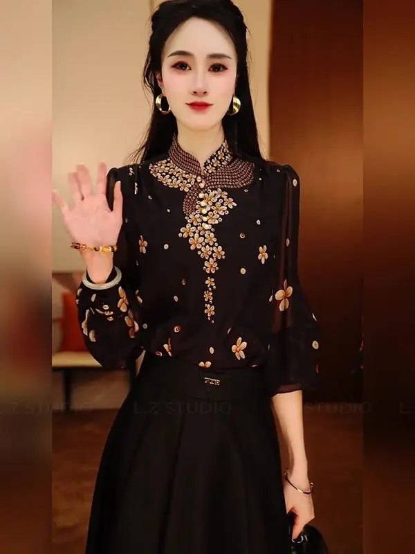 Outono inverno elegante único impressão gola manga longa blusa camisas de manga longa para mulheres estilo coreano chique senhora topos