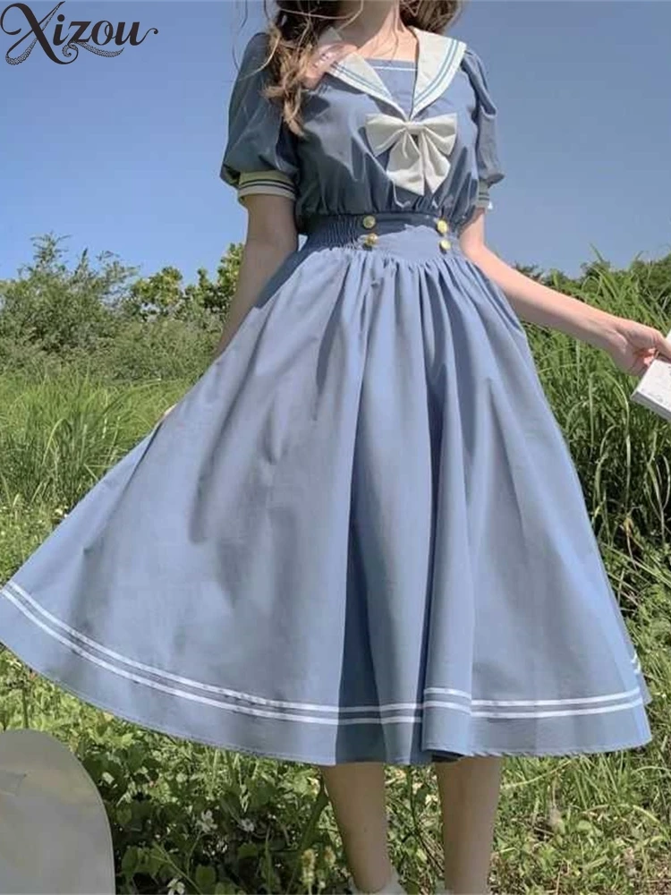 

2025 New Japanese College Style Women's Dresses Summer Fashion Student Loose Casual Navy Collar Short Sleeve Dress Female