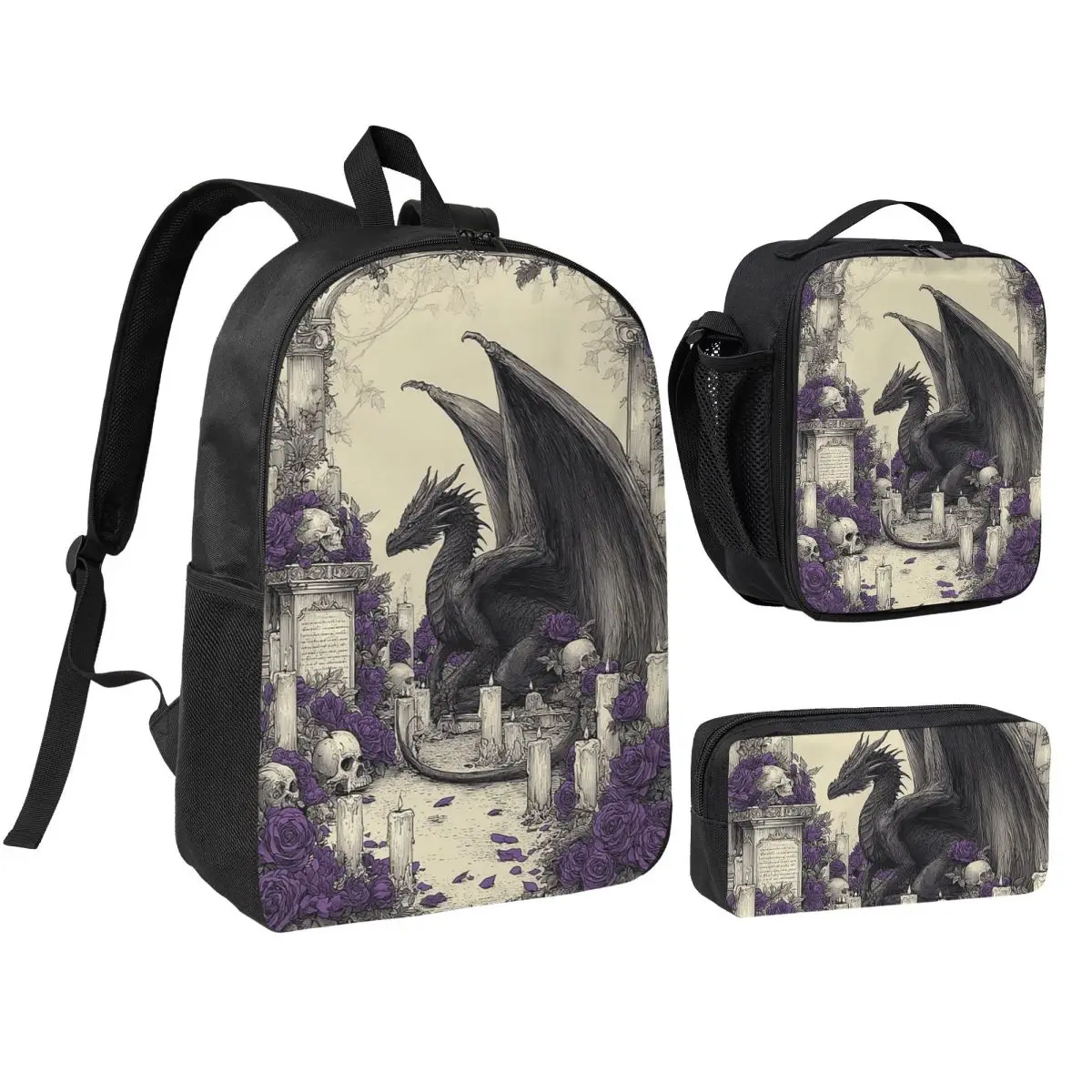 Majestic Black Dragon Among Roses Backpack Student BookBag School Bag Shoulder Bags 3ps Insulated Lunch Bag Pencil Case