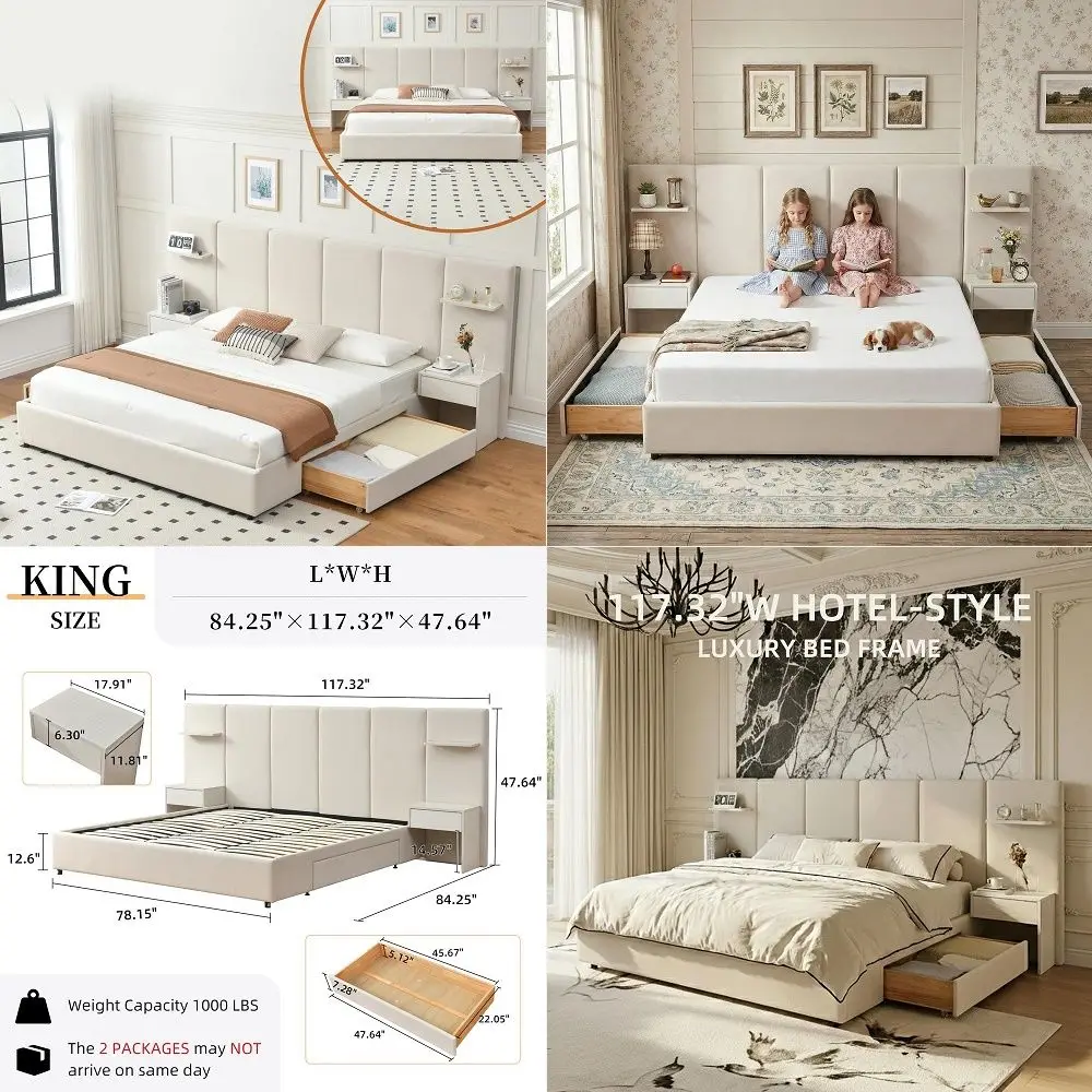 

Bed Frame with Storage amp Builtin Nightstands, Velvet Upholstered Platform Bed Frame with Drawers amp 2 Floating Storage Shelv