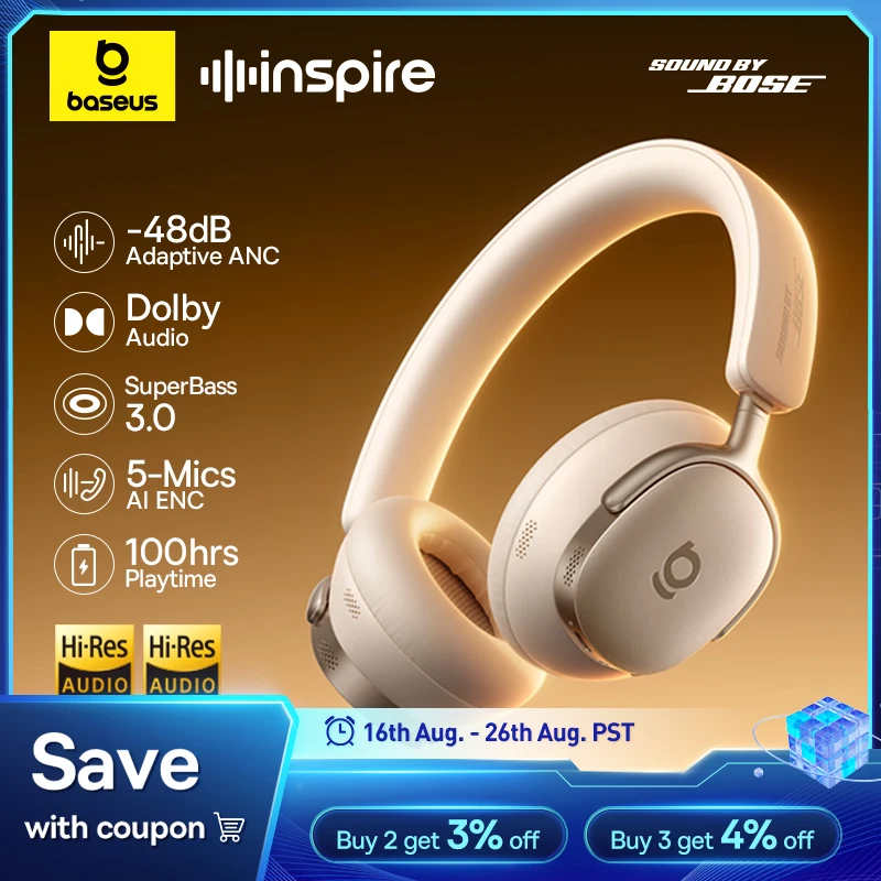 Baseus Inspire XH1 ANC ワイヤレスヘッドフォン Bluetooth 6.1 48dB アダプティブノイズキャンセリングヘッドセット ハイレゾ LDAC 100時間再生 Bose製サウンド