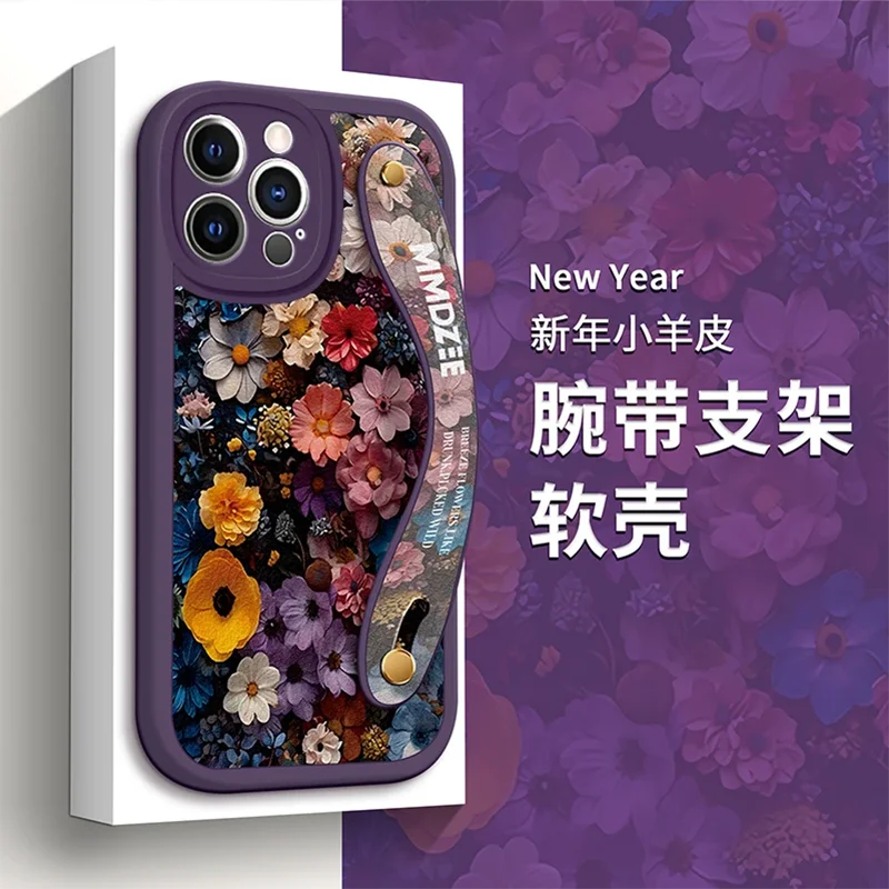 Floral Wristband Phone Case For iPhone 14/15 Promax 11pro/12/13Pro Max Colorful Flower Soft Cover New Year Holiday Funda