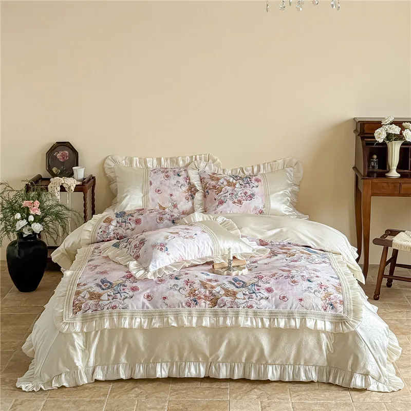 Luxury Lyocell Cotton Bedding Set, Large Floral Printing Duvet Cover 4Pcs, Soft Silky Glossy Sateen Bed Linen for Queen/King