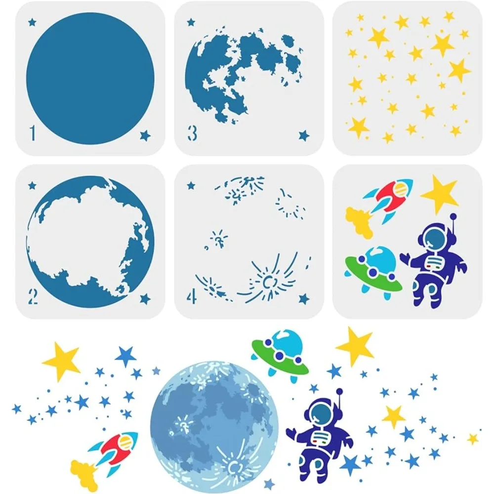 6 Pcs Layered Space Theme Stencil 5.9x5.9 inch Moon Earth Painting Template Plastic Astronaut Rocket Spaceship Patterns Stencils