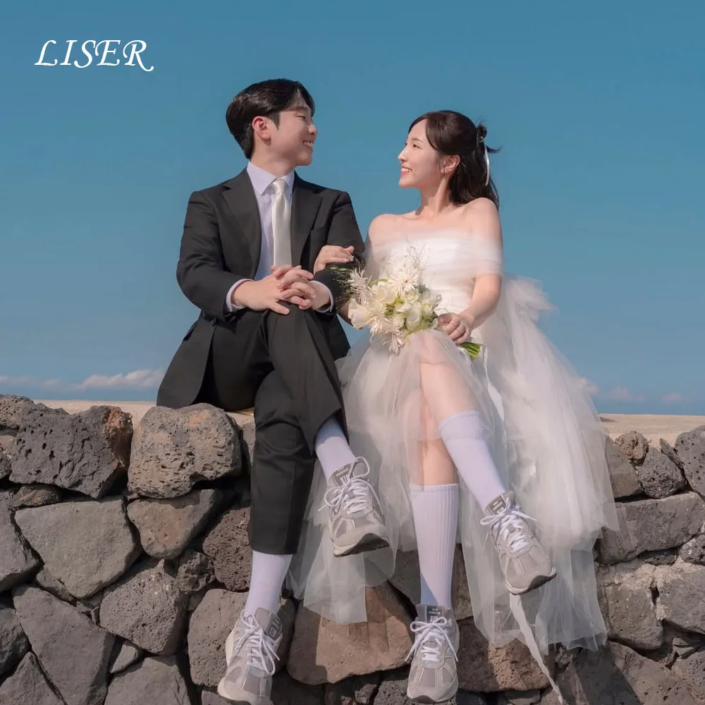 

Liser Off Shoulder A-Line Simple Korea Wedding Dresses Tulle Silk Customized Photo Shoot Elegant Long Bridal Gowns 웨딩드레스