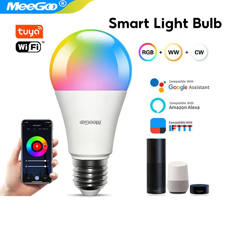

Светодиодная лампа MeeGoo Tuya Bluetooth с регулируемой яркостью E27 E26 B22 110-220 В RGBCW Лампы с изменением цвета Smart Life APP Групповое управление Музыкальный ритм