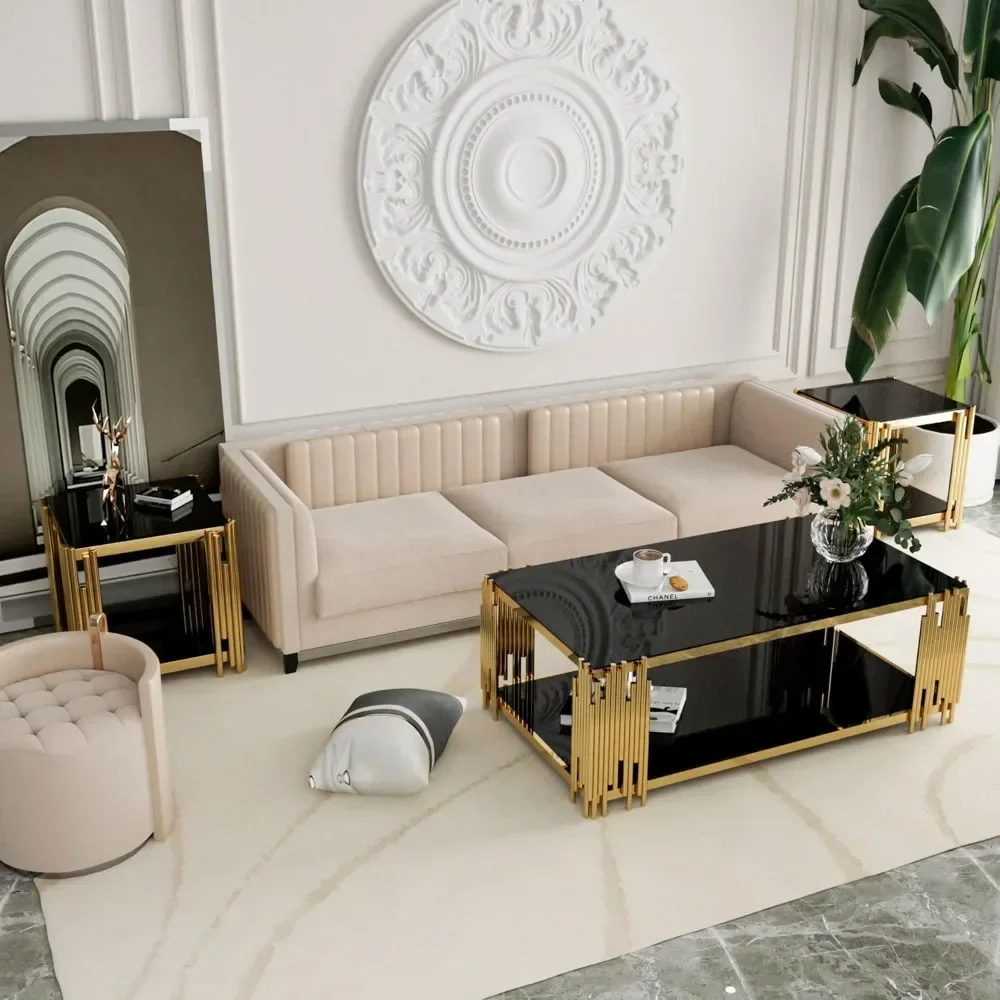 Coffee Table Modern Living Room Table Gold Stainless Steel Metal Leg RectangularTempered Glass Center Table for Home Office