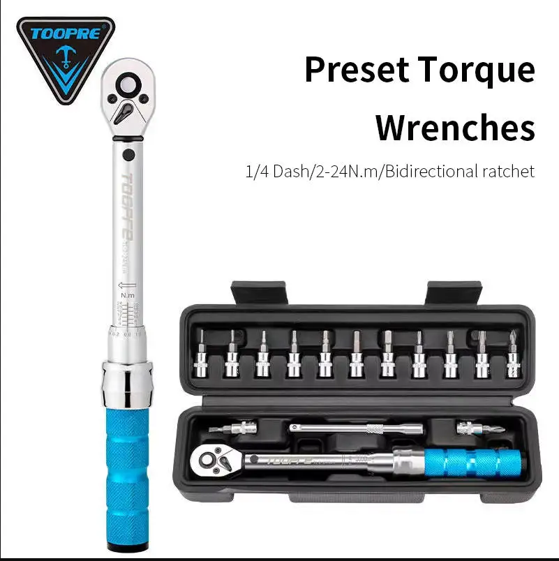 TOOPRE Bike Preset Torque Wrench 1/4 2-24Nm 15 Piece Set Durable Ratchet Wrench Set Bike Allen Key Tool Socket Spanner