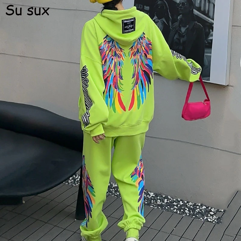 Graffiti Hip-hop Hooded Sweatshirt and Pants Sets Women 2 Piece Y2k Clothes 2024 New Casual Oversized Outfits Sportsuit Femme