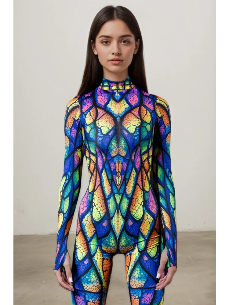 Unisex-Regenbogen-Drachen-Schuppen-Print-Bodysuit für Paare, Halloween, Karneval, Party, Cosplay, Jumpsuit, Bühnenauftritt, Zentai-Anzug – Detail 7