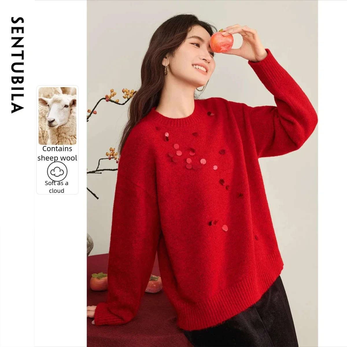 

SENTUBILA зимний вязаный свитер для женщин 2025 пуловер с круглым вырезом и длинными рукавами модный дизайн с блестками однотонная женская одежда W54EE3142