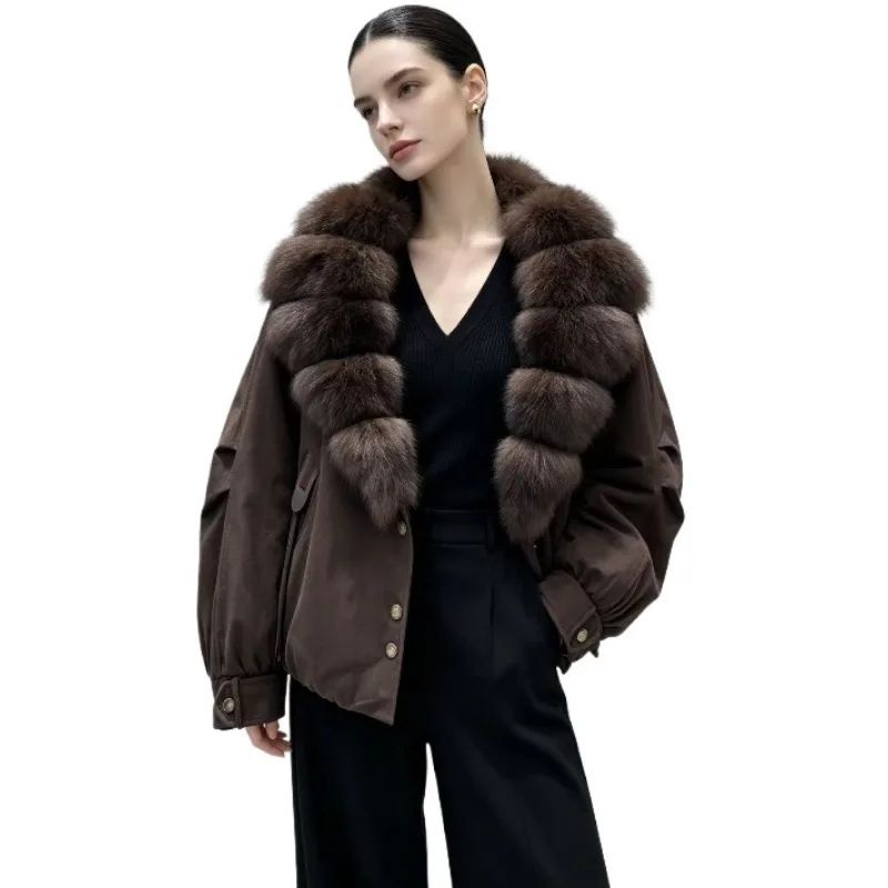 2026 winter new fur fox big fur collar white duck down jacket women's short loose coat thickened pie overcome