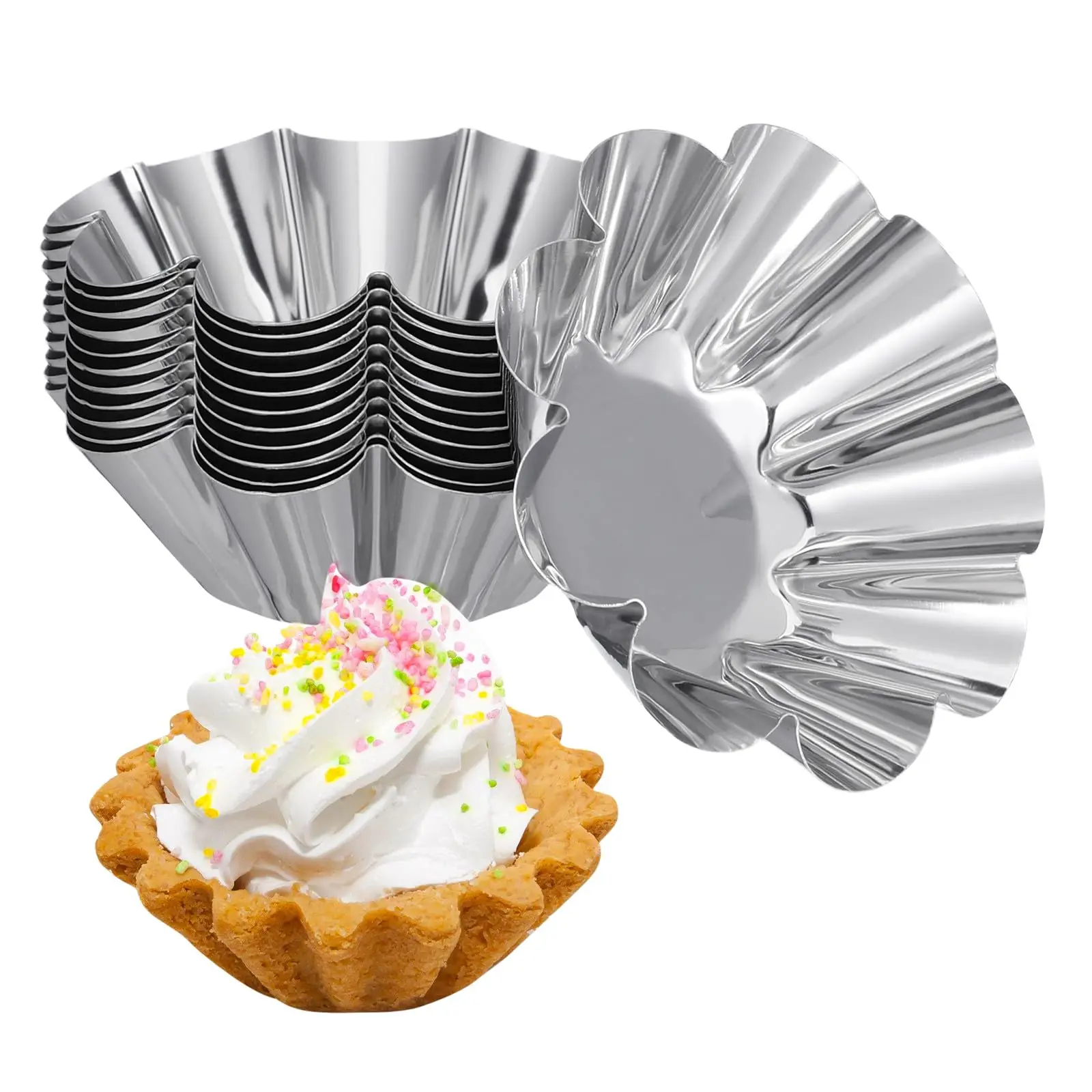 12Pcs Stainless Steel Flower Tart Molds, Reusable Egg Tart Molds,Mini Fluted Cupcake Muffin Baking Cups for Pudding,Cookie,Cakes