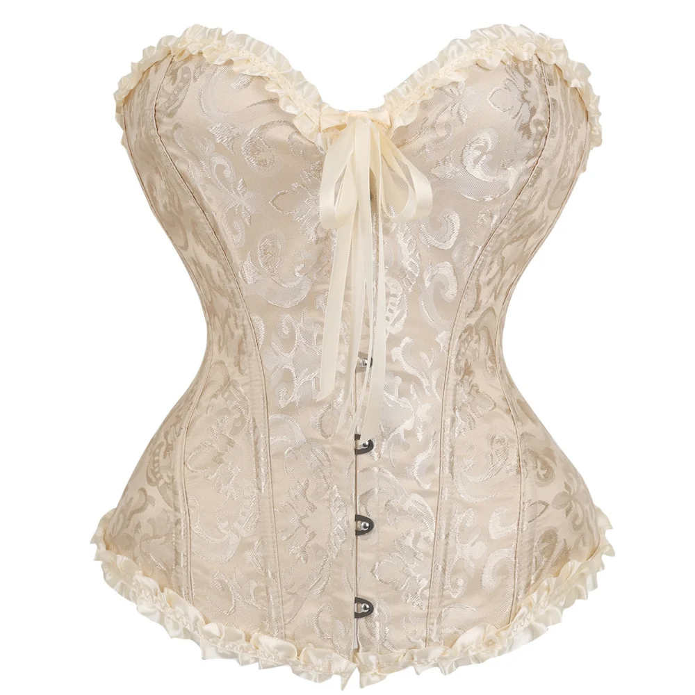 Corset surbust pour femme, en jacquard, avec volants, fermeture à l’avant, laçage à l’arrière, baleines, ceinture amincissante, style vintage gothique, idéal pour les soirées d’Halloween.