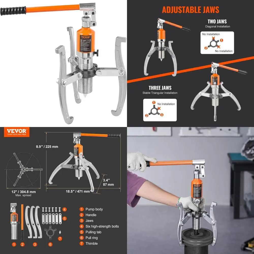 

12 Jaw 15 Ton Hydraulic Puller for Wheel Bearings, 2 or 3 Jaws, Vertical & Horizontal Use with Carrying Case