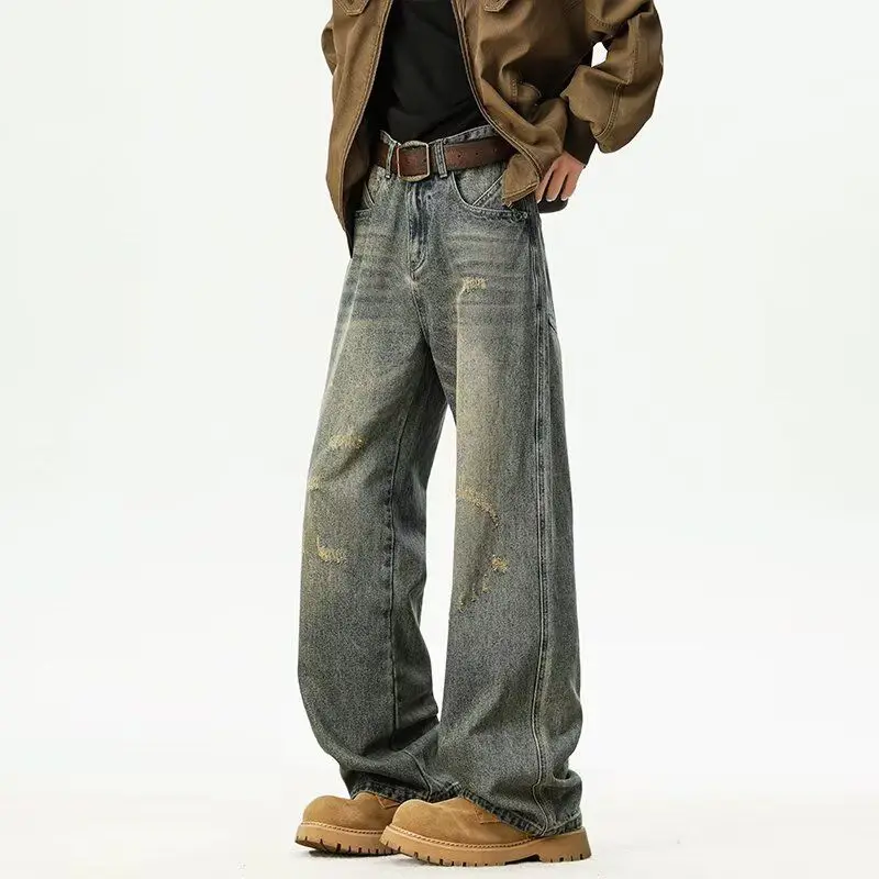 

American Retro Hole Denim Jeans Men's Spring Summer Trendy Brand Washed Loose Straight Leg Pants Versatile Casual Long Trousers