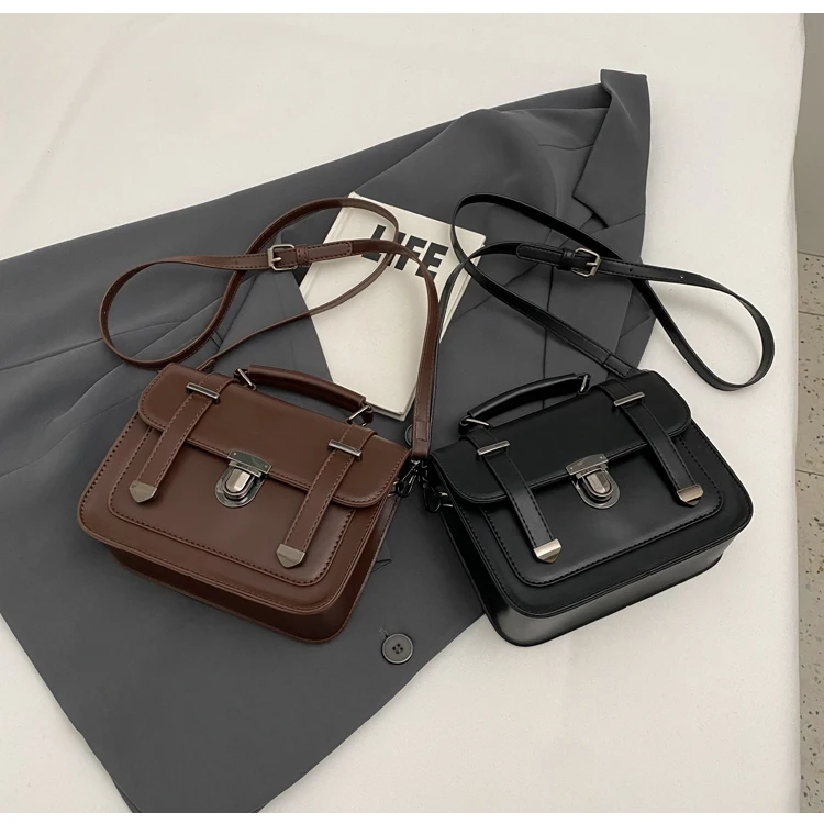 Black England Style Retro Small Square Bag Solid Color PU Leather Women\'s Single Shoulder Bags High-Grade Sense Lady Handbags