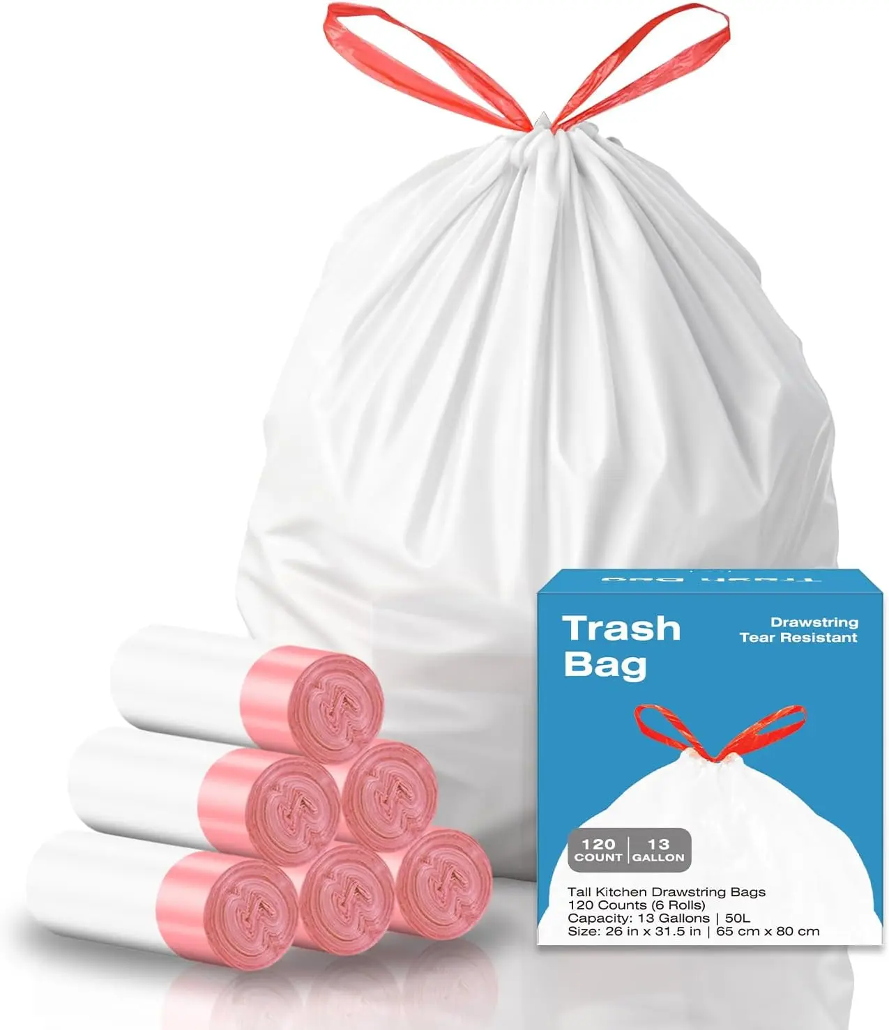 

13 Gallon Tall Kitchen Drawstring Trash Bags, Unscented White, 120 Count, Tear-Resistant Leak-Proof Garbage Bags for Home Office
