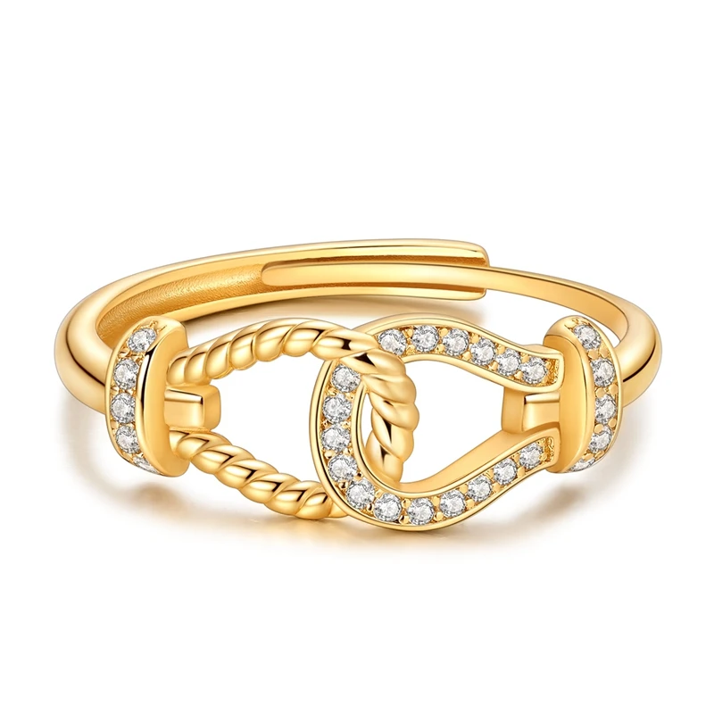 الأصلي 925 فضة ذهبي حلقة مزدوجة حدوة الحصان خواتم مفتوحة للنساء مجوهرات للبنات هدايا المناسبات عيد الميلاد #2