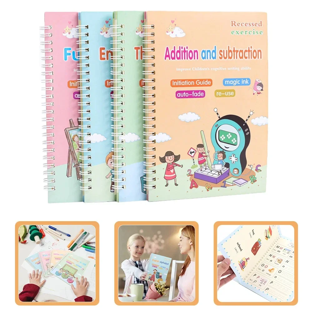 

4 Books/set English alphabet ,Fun Drawing ,Addition and subtraction ,The number 0-100 Reusable Magic Stationery Writing copybook