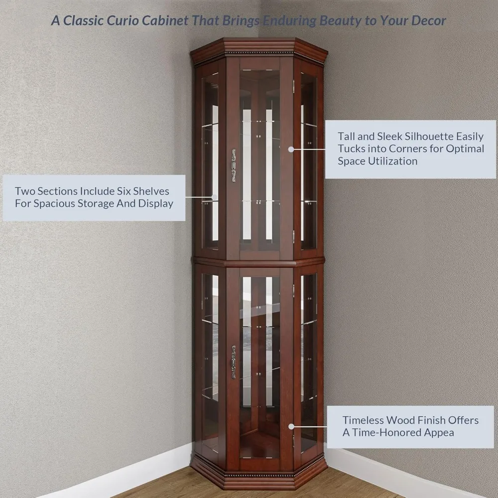 خزانة تحف زاوية خشبية مضيئة مع أرفف من طبقتين وباب من الزجاج المقسى لتخزين البار والمشروبات الخمور #5