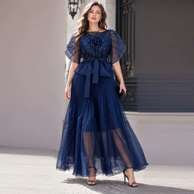 European New Women's Mesh Dresses Fashionable Elegant Three-dimensional Flower Beaded Waist-cinching Pleated Dress
