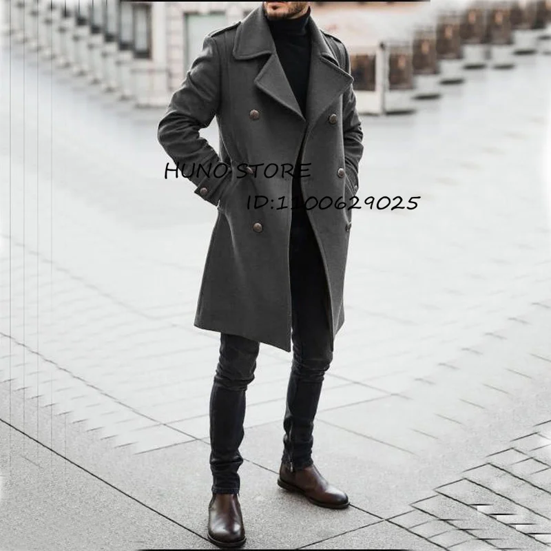 Winter Men\'s Wool Long Coat Slim Fit Double Breasted Customized Dress Elegant For Male Cotton Jacket  מעיל ארוך