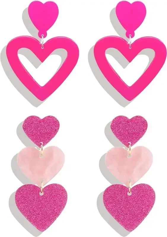 Earrings Pink Heart Dangle Earrings Double Heart Earrings Heart  Trendy Jewelry Mother's Day Gifts