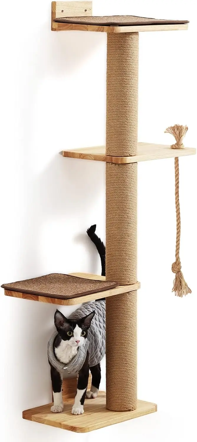 

50-Inch Cat Scratching Activity Tree Wall Mounted with Kitten Bed and Rubber Wood Scratcher Posts, Large Size