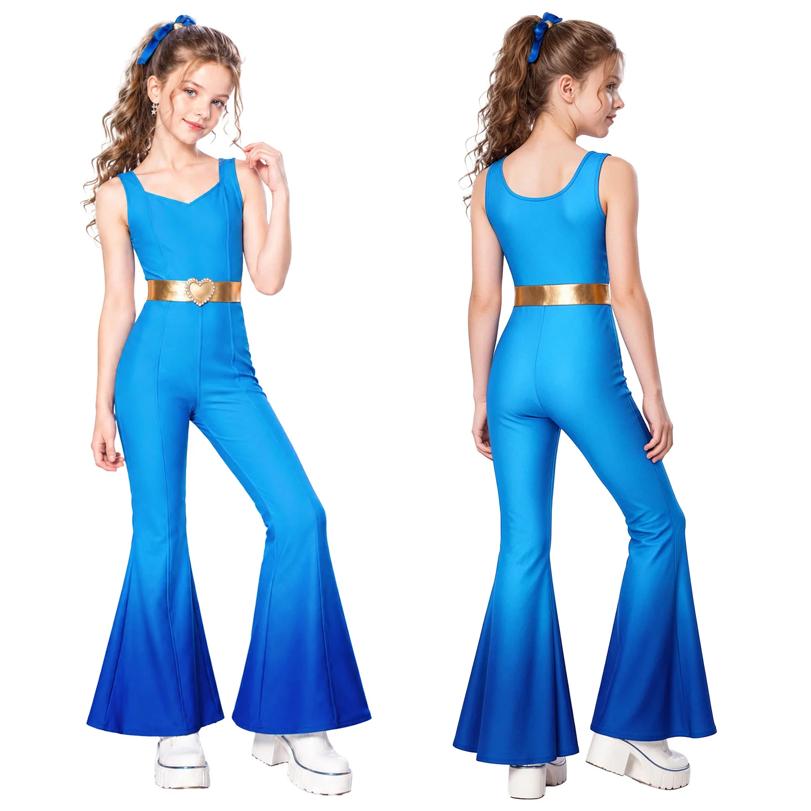# Mono de Ballet con Pantalones Acampanados para Escenario, Disfraz de Personaje de Anime y Película, Mono Metálico con Cintura Degradada, Body sin Mangas