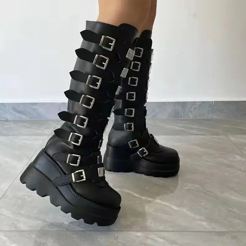 Długie buty damskie gotyckie buty platforma buty do kolan Punk czarne seksowne motocykle 2023, nowe Halloween Cosplay kobiety