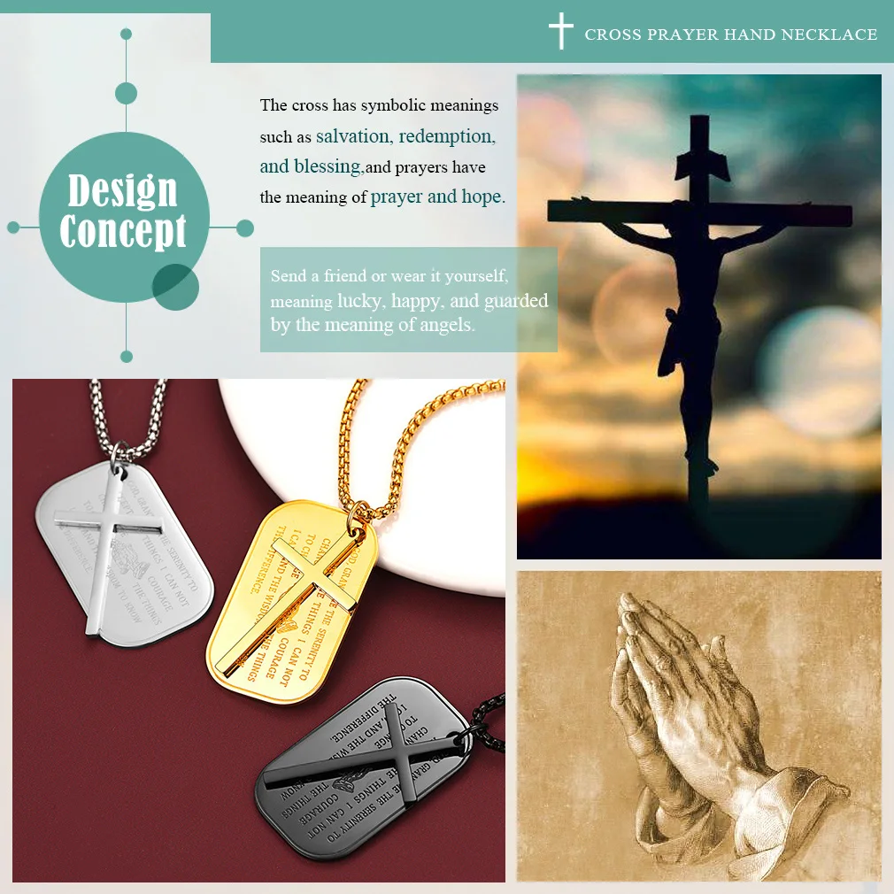 U7 Stainless Steel Cross Necklaces Jesus Prayer Hand Wings Bible Engraved Tag CZ Cross Charm Religious Unisex Jewelry Clearance