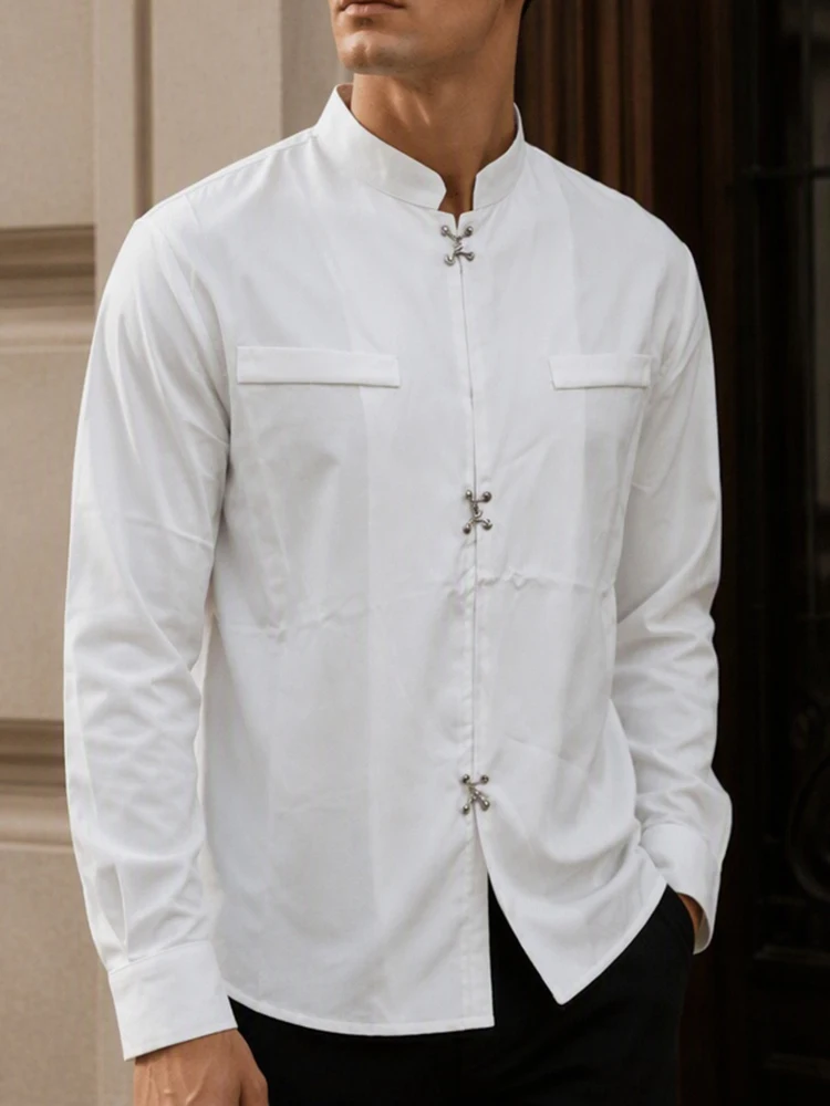 Men White Stand Collar Shirt Single-Breasted Long Sleeve Slim Fit Fashion Wedding Party Daily Casual Office Male Tops