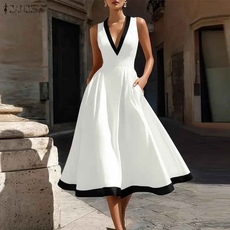 Elegantes ärmelloses Partykleid mit V-Ausschnitt von ZANZEA für Damen, Sommer-Patchwork-Sommerkleid, stilvolles, tailliertes A-Linien-Kleid, Urlaubs-Midi-Robe